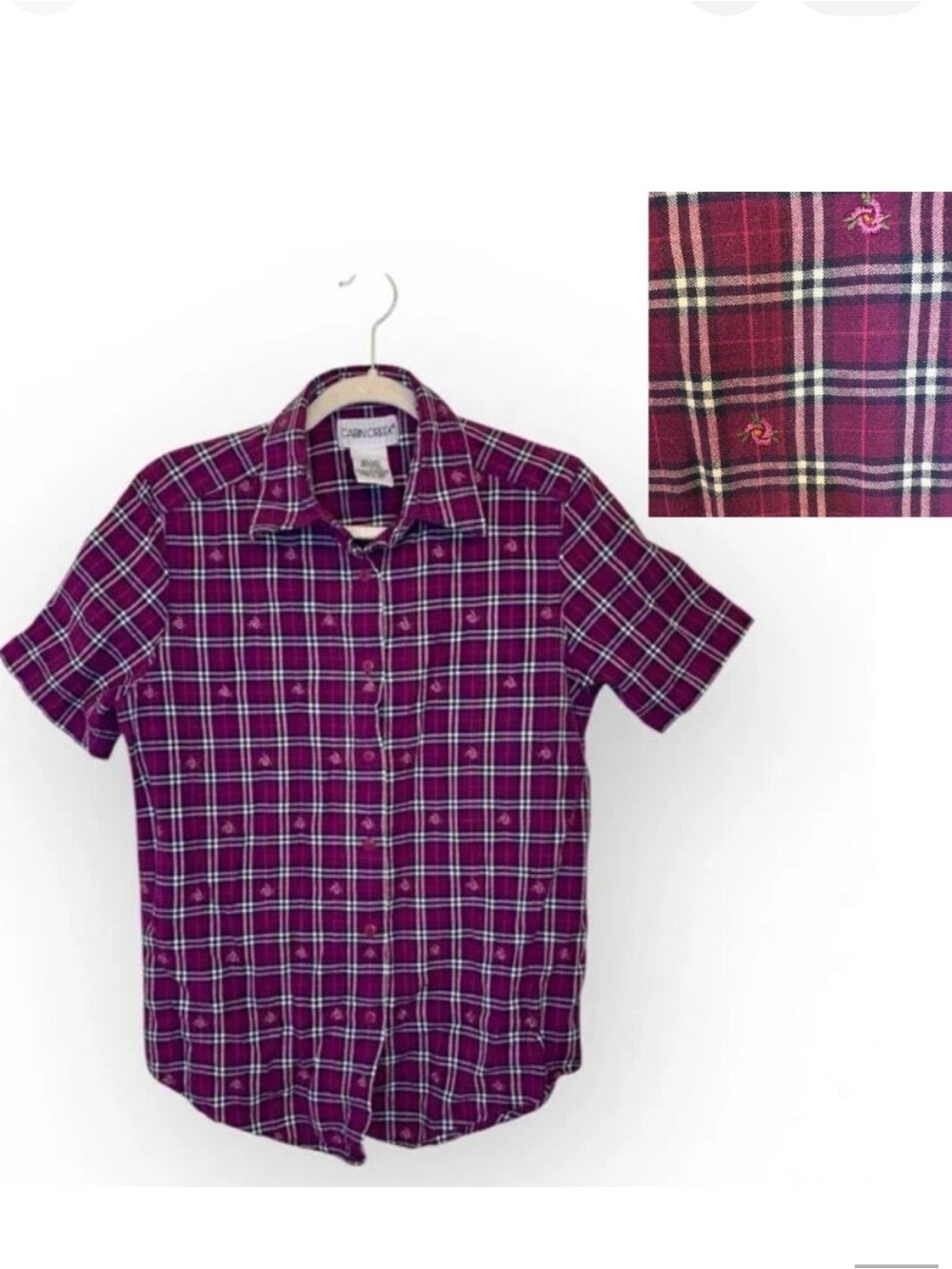 Vintage Cabin Creek Purple Plaid Floral Short Sleeve Shirt Cottagecore Medium